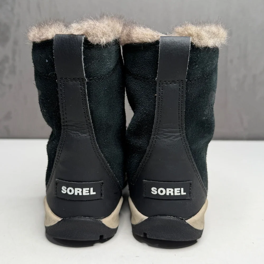Sorel Whitney II Snow Boots Girls Size 12 Black Waterproof Suede Faux Fur Trim